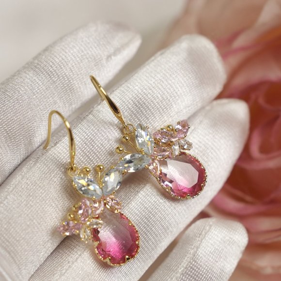 Zircon Rose Quartz Butterfly Drop Earrings - Picture 6 of 11